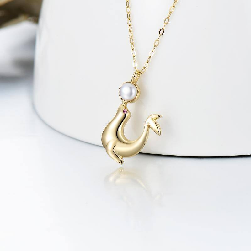 14K Gold Pearl Sea ​​lion Pendant Necklace-3