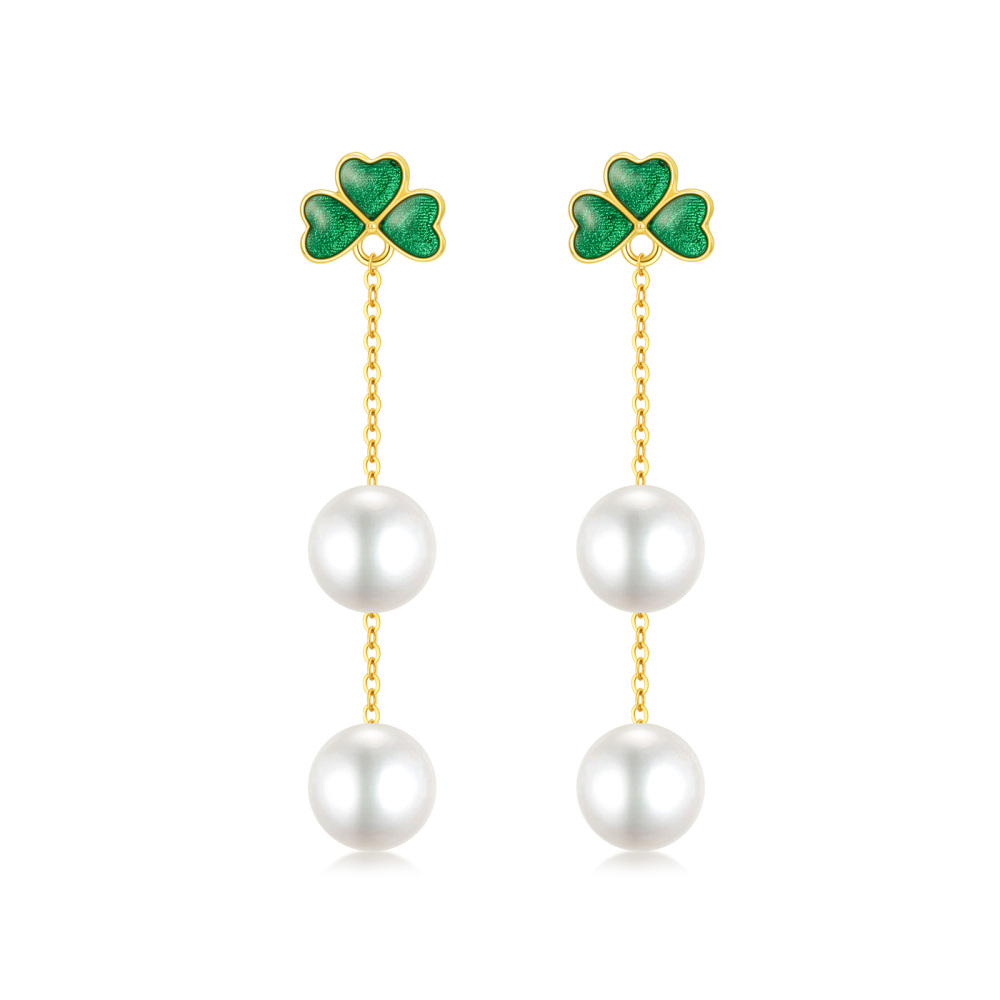 10K Gold Pearl Shamrock Drop Earrings-1