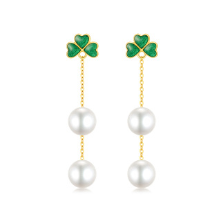 14K Gold Pearl Shamrock Drop Earrings-1