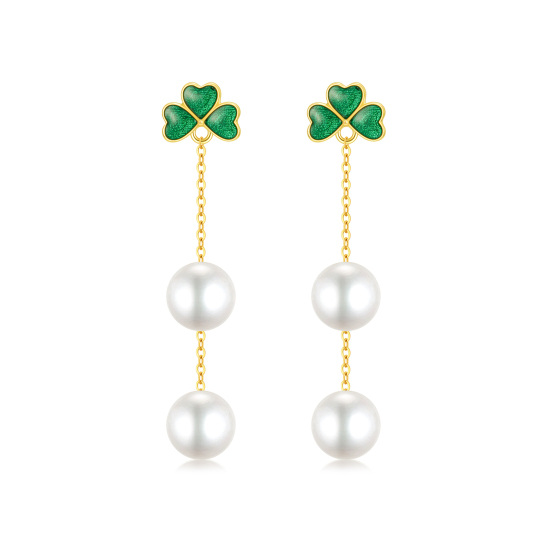 14K Gold Pearl Shamrock Drop Earrings