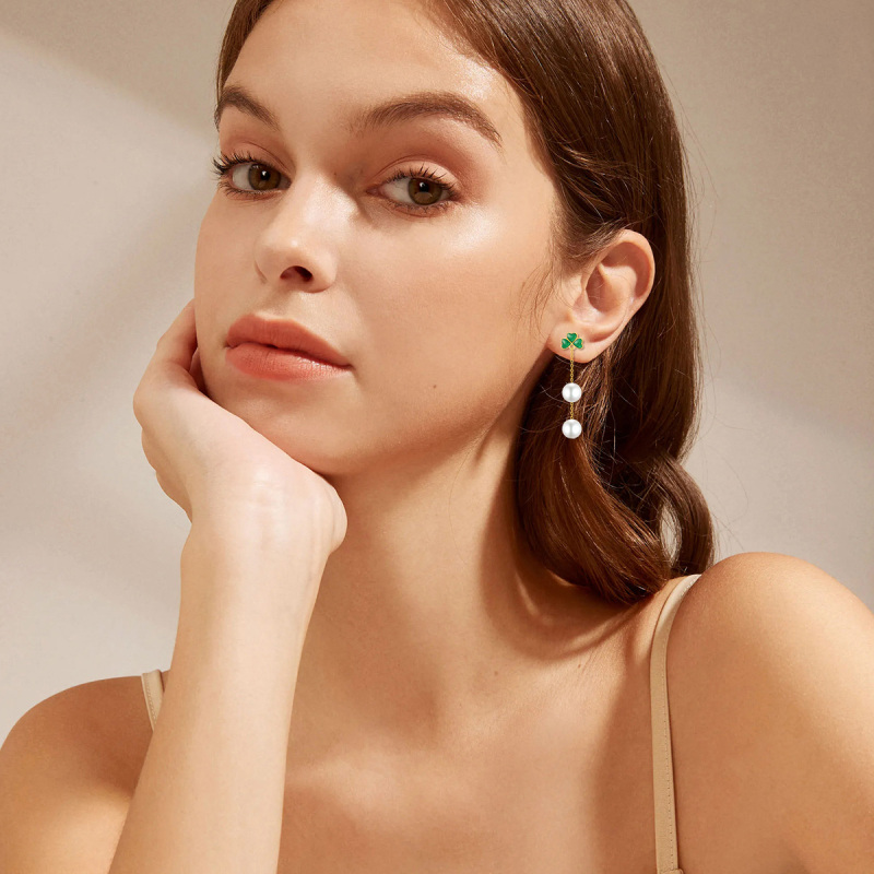 18K Gold Pearl Shamrock Drop Earrings-2