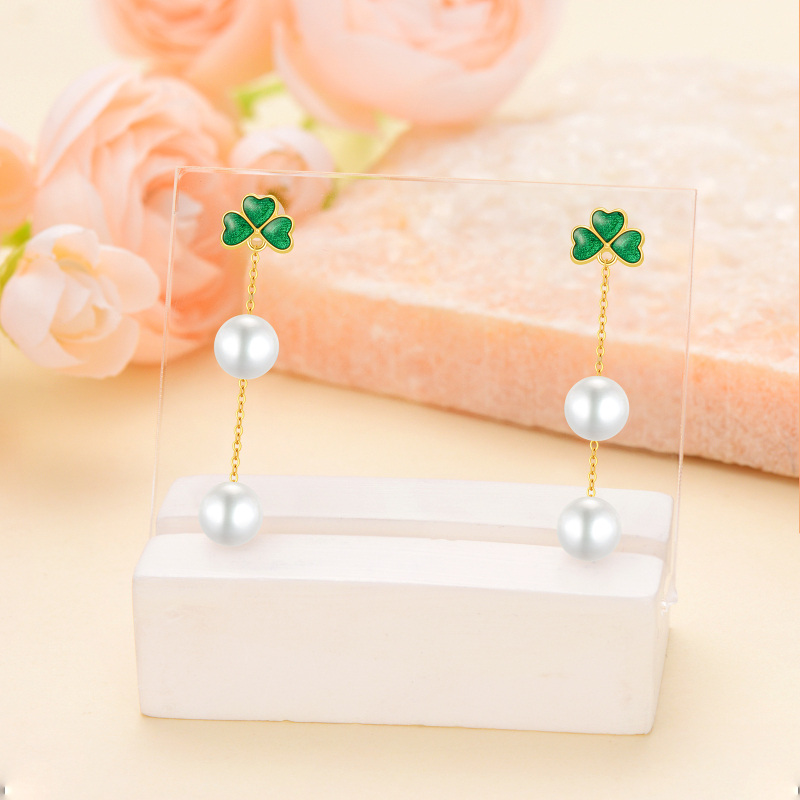 18K Gold Pearl Shamrock Drop Earrings-3
