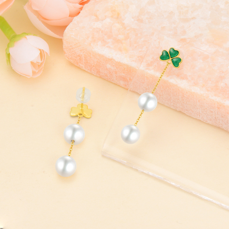 18K Gold Pearl Shamrock Drop Earrings-4