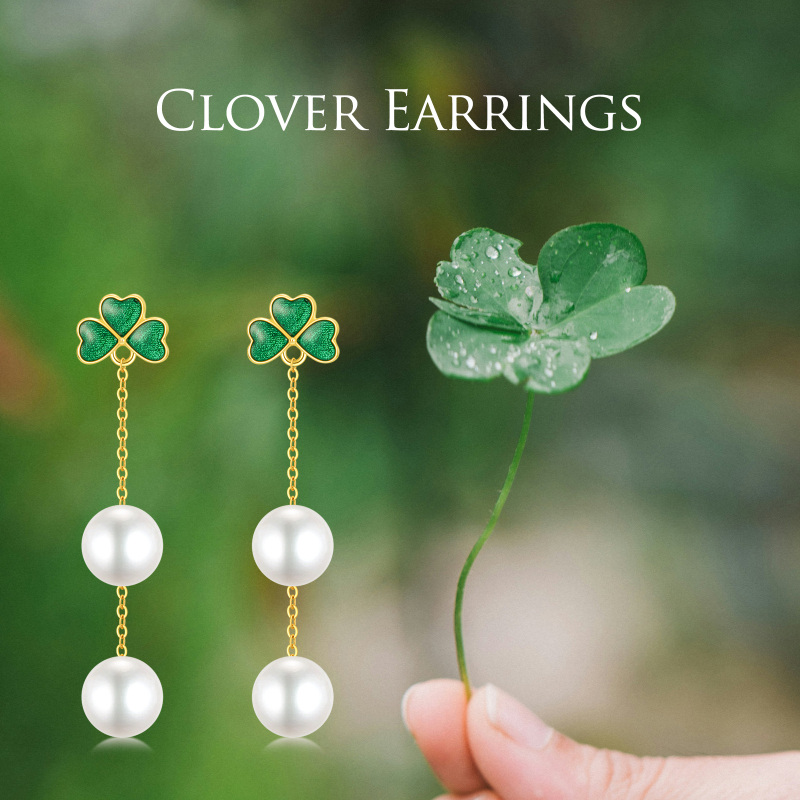 18K Gold Pearl Shamrock Drop Earrings-5