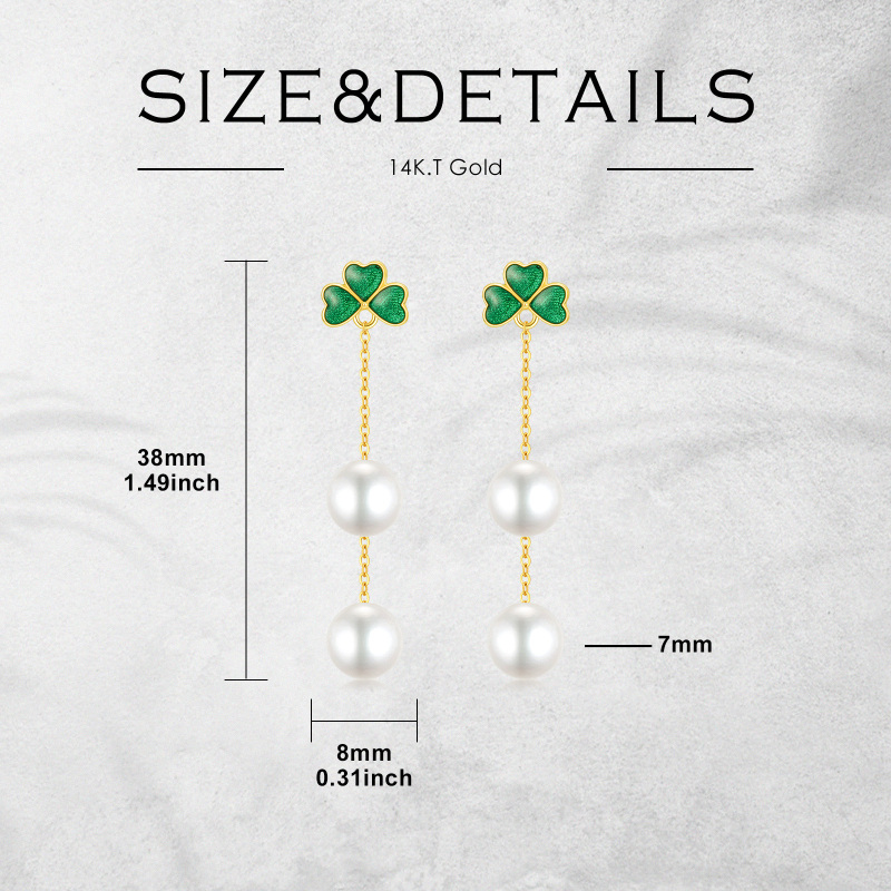 18K Gold Pearl Shamrock Drop Earrings-6