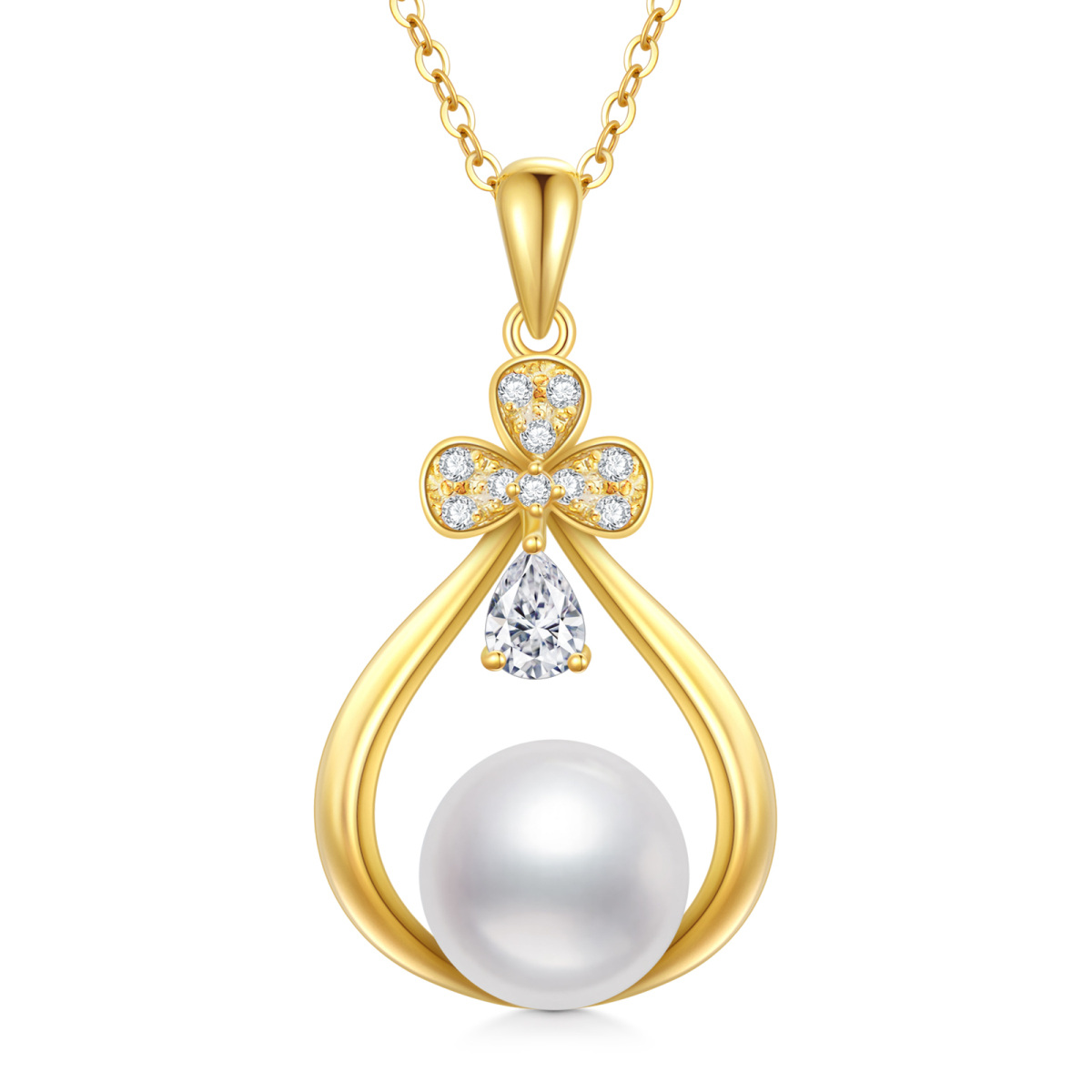 14K Gold Cubic Zirconia & Pearl Shamrock Pendant Necklace-1