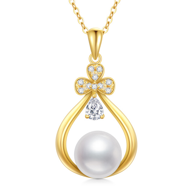 Collana con ciondolo a forma di trifoglio in oro 14K con zirconi e perle-1