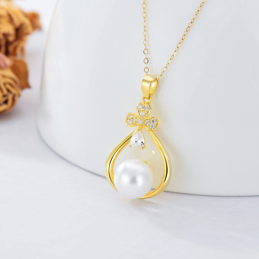 18K Gold Cubic Zirconia & Pearl Shamrock Pendant Necklace-3