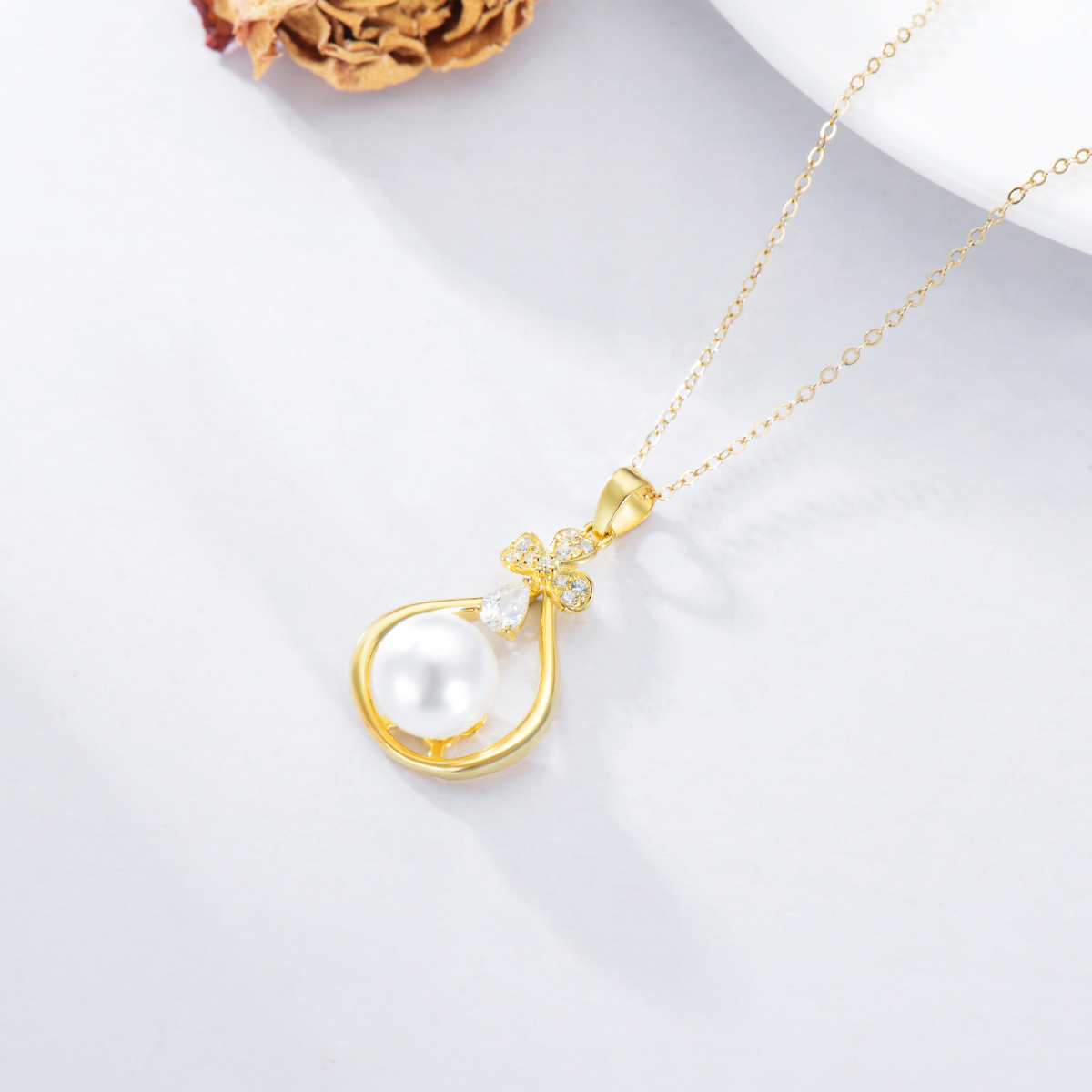 14K Gold Cubic Zirconia & Pearl Shamrock Pendant Necklace-4