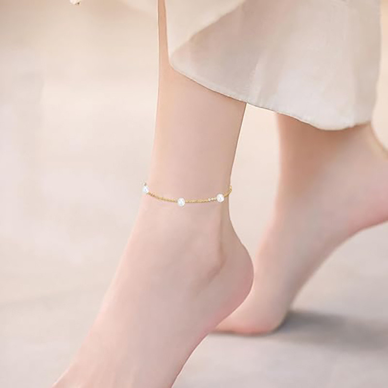 Bracelet de cheville en chaîne simple en or 10K avec perle-2