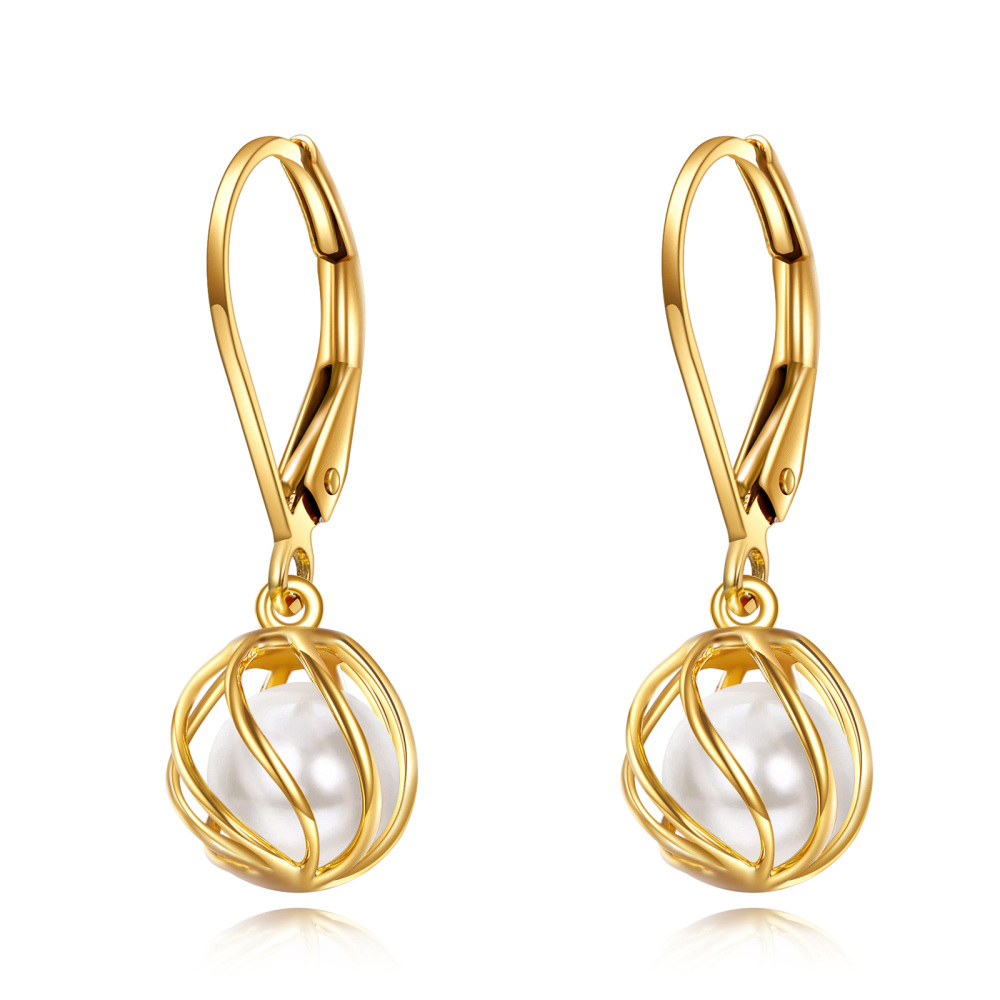 10K Gold Pearl Spherical Drop Earrings-1