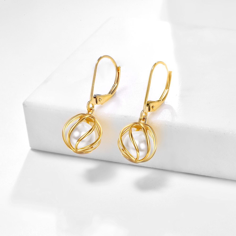 10K Gold Pearl Spherical Drop Earrings-4
