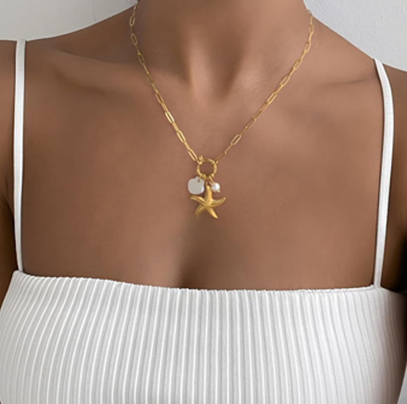 Halskette mit Sternanhänger aus Sterlingsilber mit Gelbgoldbeschichtung und Perlen-2