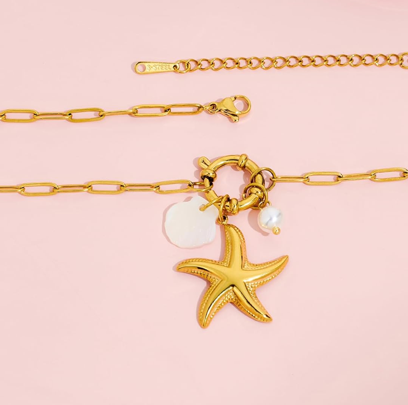 Halskette mit Sternanhänger aus Sterlingsilber mit Gelbgoldbeschichtung und Perlen-5