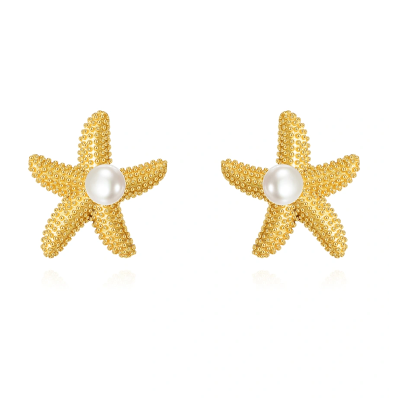 10K Gold Pearl Star Stud Earrings-1