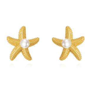 14K Gold Pearl Star Stud Earrings-1