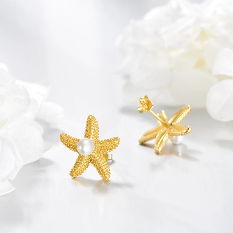10K Gold Pearl Star Stud Earrings-2