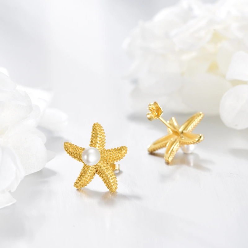 14K Gold Pearl Star Stud Earrings-2