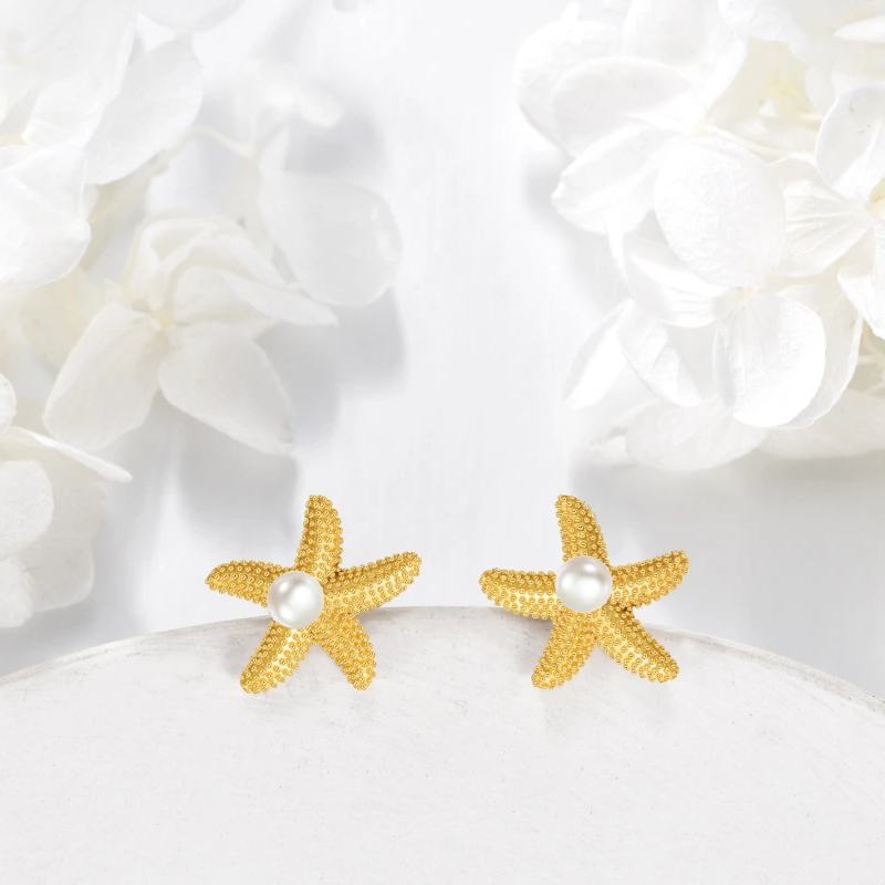 10K Gold Pearl Star Stud Earrings-3