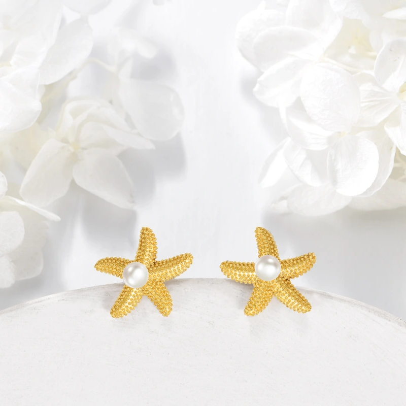 14K Gold Pearl Star Stud Earrings-3