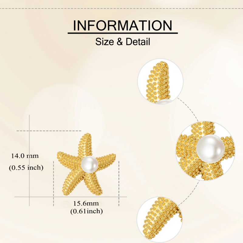 10K Gold Pearl Star Stud Earrings-4