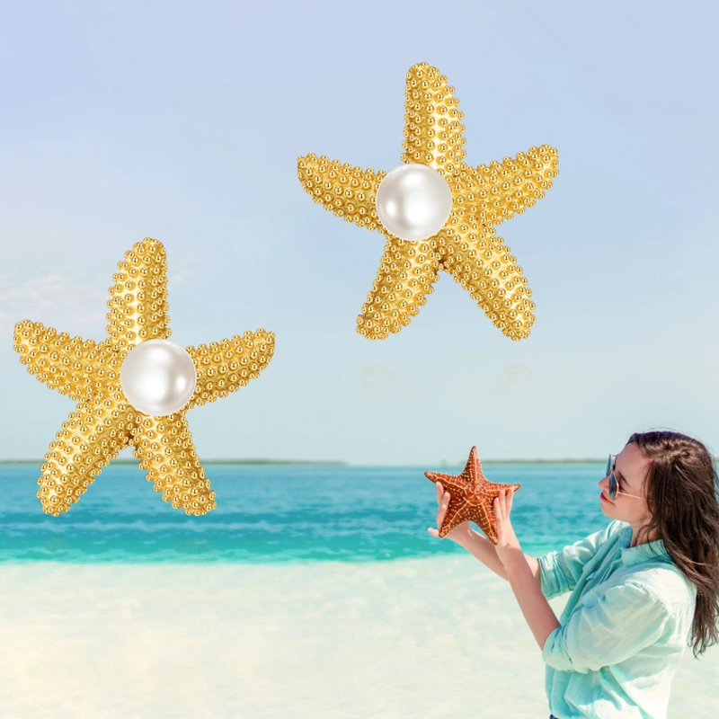 10K Gold Pearl Star Stud Earrings-5