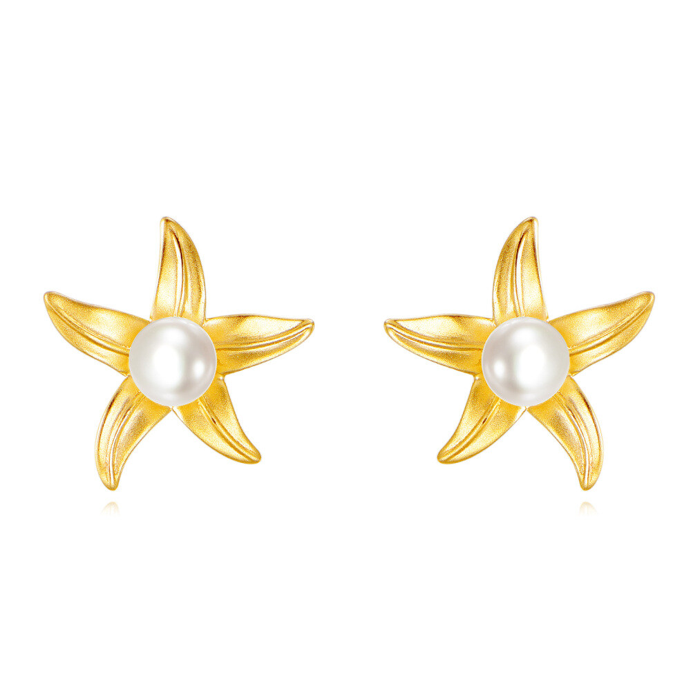 9K Gold Pearl Starfish Stud Earrings-1