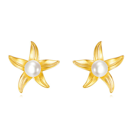 14K Gold Pearl Starfish Stud Earrings