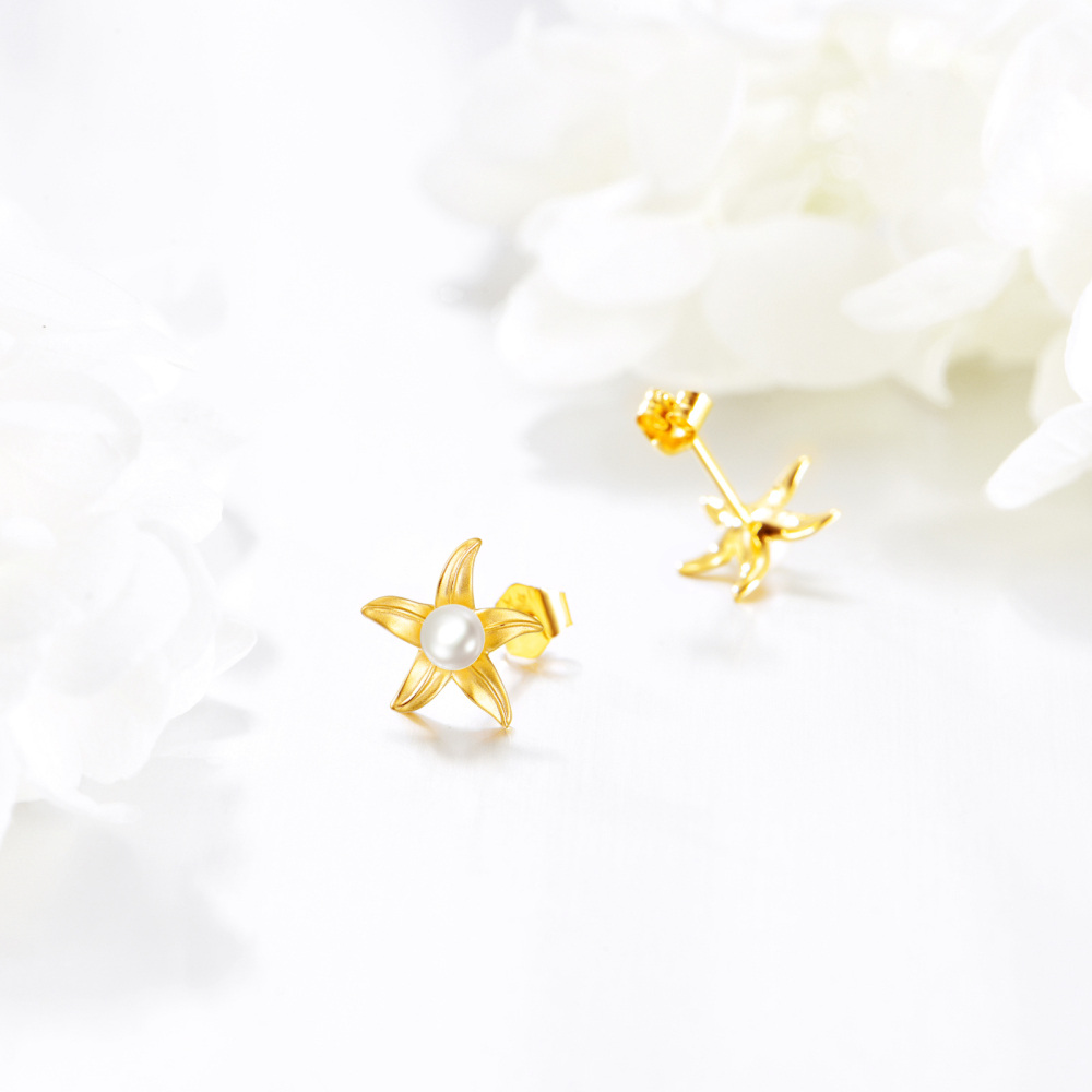 9K Gold Pearl Starfish Stud Earrings-3