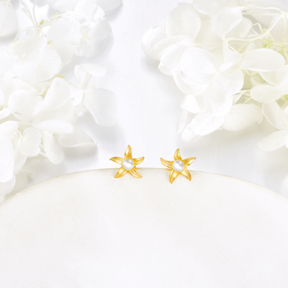 9K Gold Pearl Starfish Stud Earrings-4