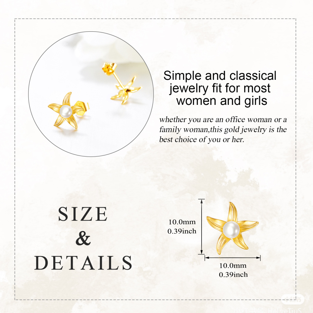 9K Gold Pearl Starfish Stud Earrings-5