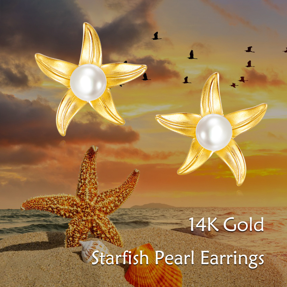 9K Gold Pearl Starfish Stud Earrings-6
