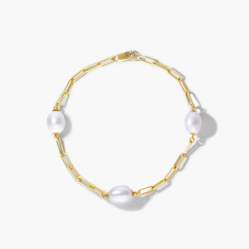 Pulsera de clip de papel con perlas de oro 14K-1
