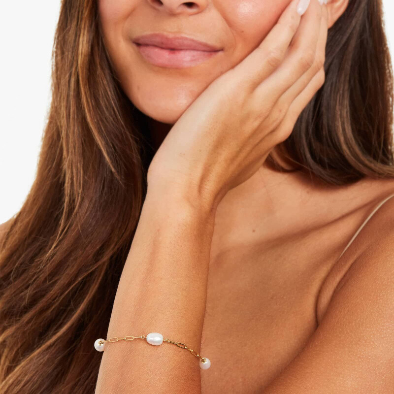 Pulsera de clip de papel con perlas de oro 14K-2