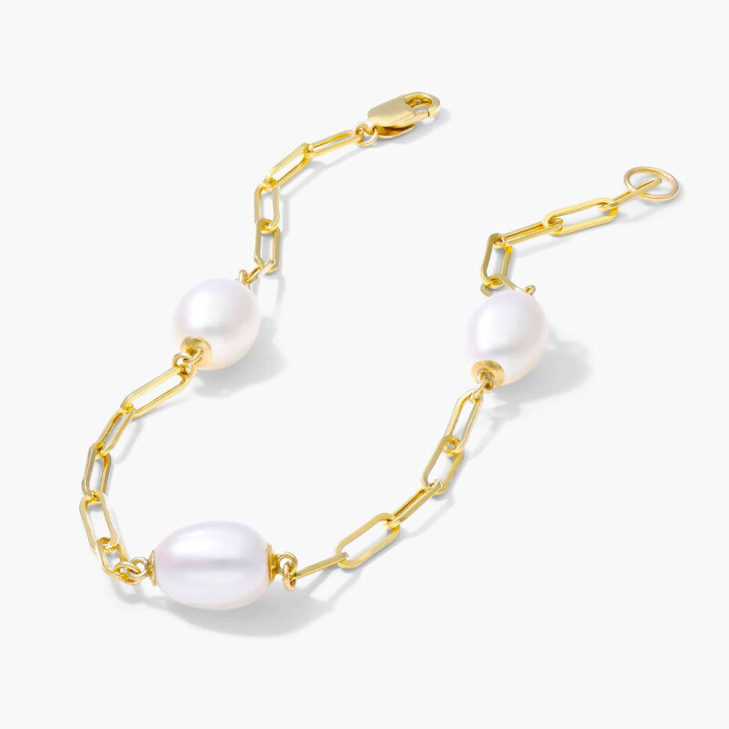 Pulsera de clip de papel con perlas de oro 14K-3