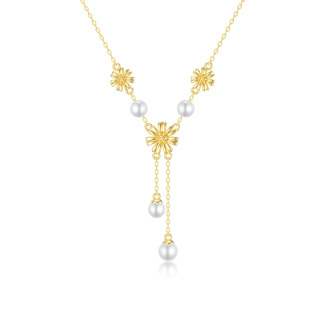 14K Gold Pearl Sunflower Pendant Necklace-5