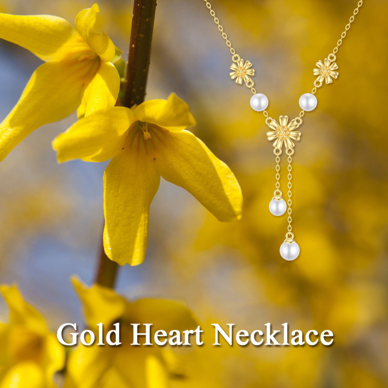 10K Gold Pearl Sunflower Pendant Necklace-4