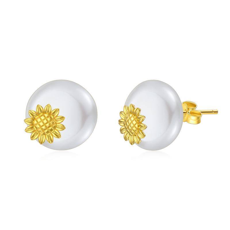 10K Gold Pearl Sunflower Stud Earrings-1