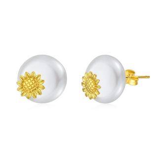 10K Gold Pearl Sunflower Stud Earrings-47