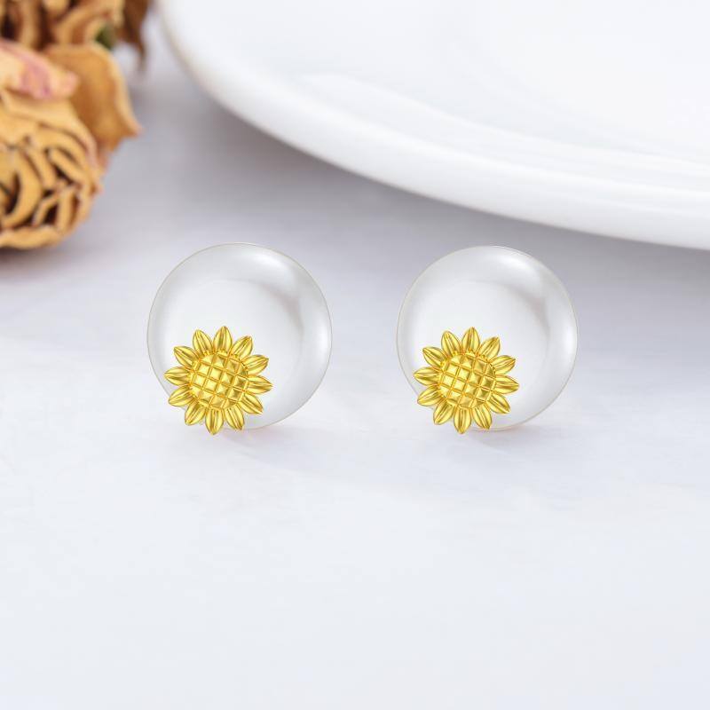 14K Gold Pearl Sunflower Stud Earrings-3