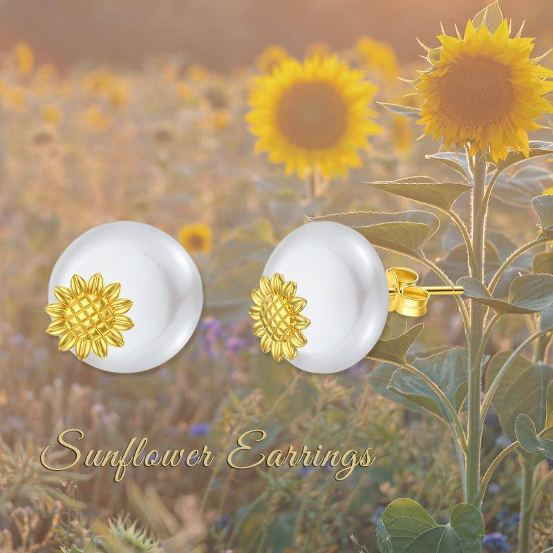 10K Gold Pearl Sunflower Stud Earrings-5