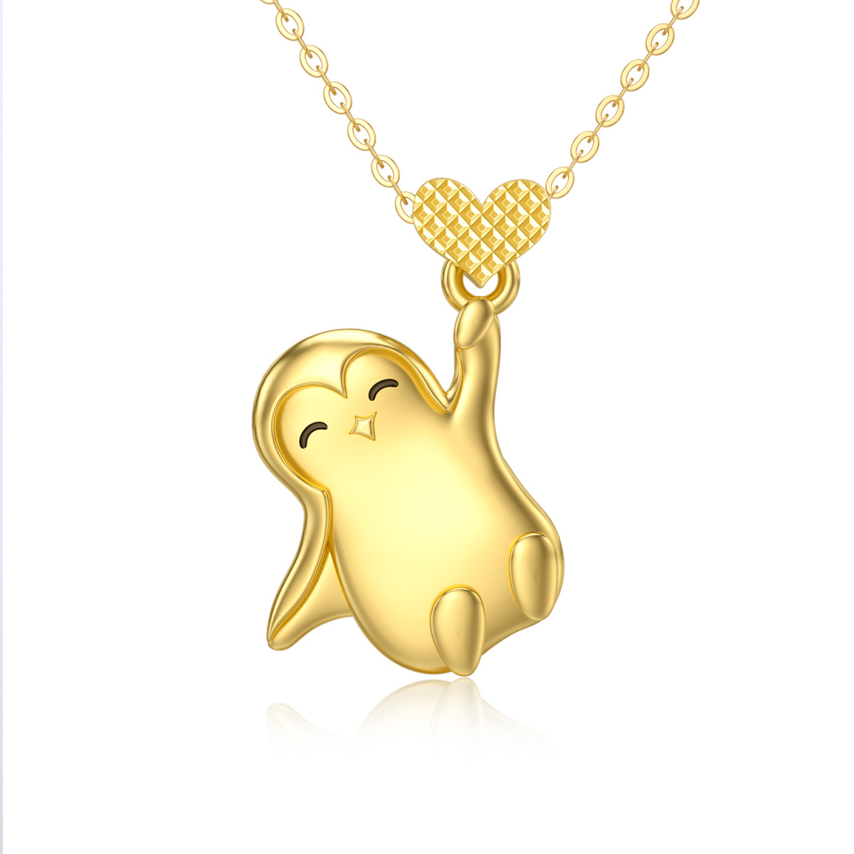 Collier en or 14K avec pendentif pingouin et coeur-1