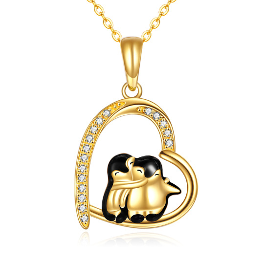 Collana con ciondolo a forma di cuore e pinguino con zirconia cubica in oro 14K