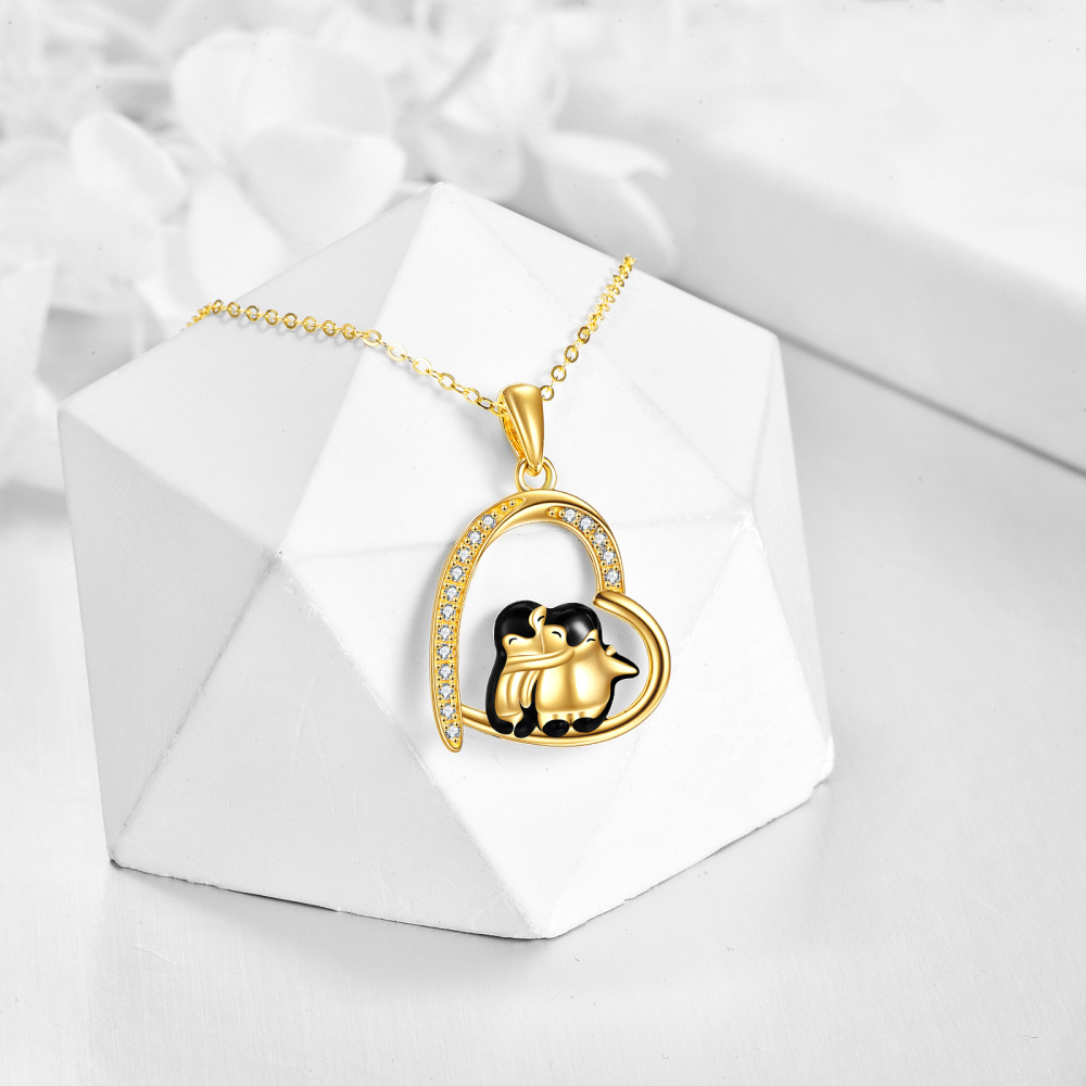 10K Gold Cubic Zirconia Penguin & Heart Pendant Necklace-3