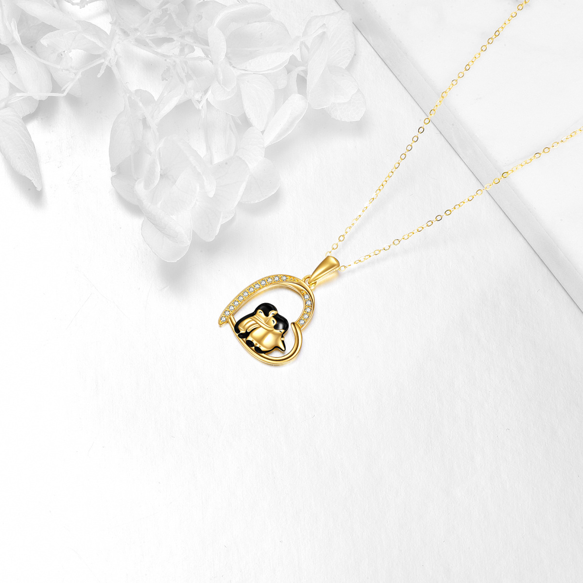 14K Gold Cubic Zirconia Penguin & Heart Pendant Necklace-4