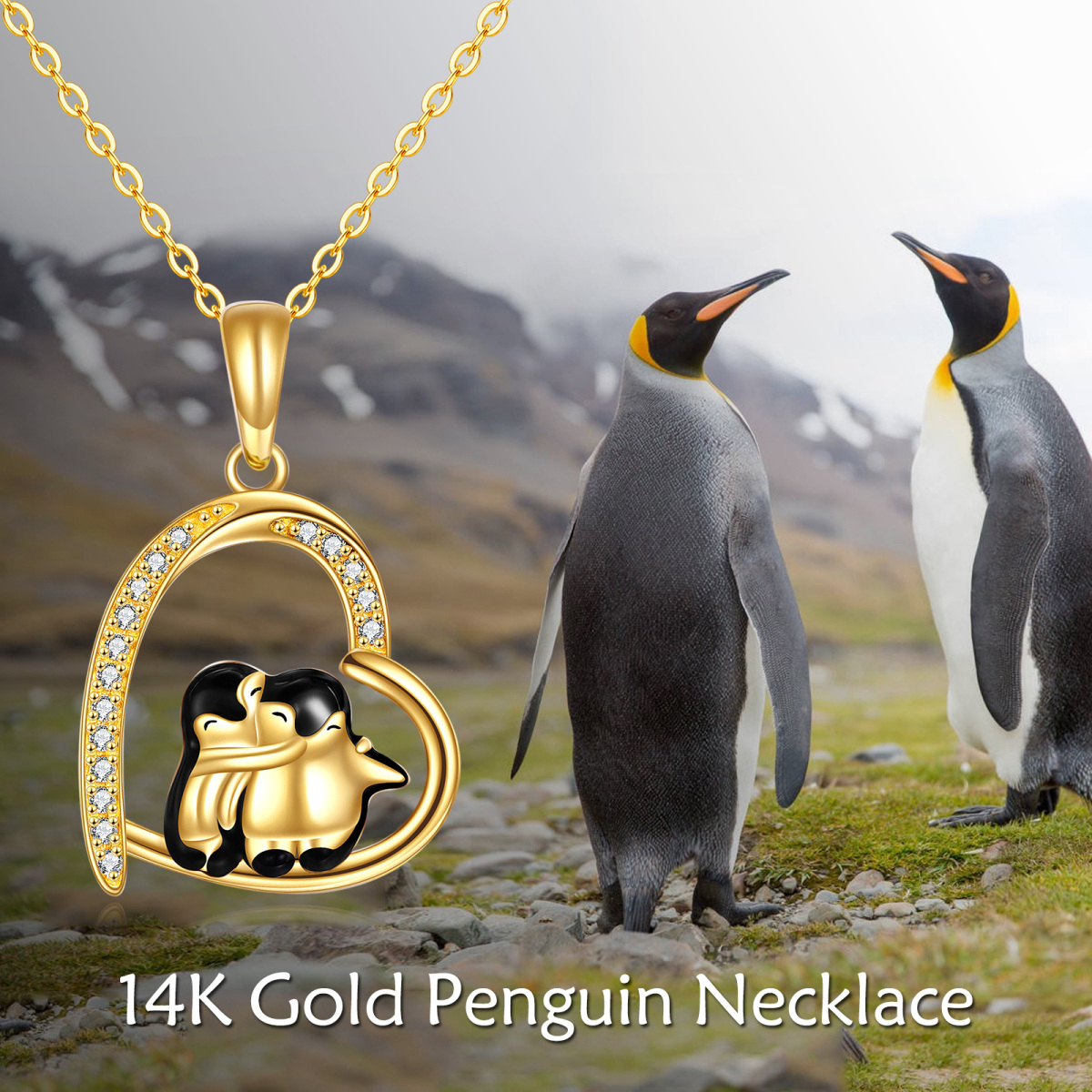 Collier en or 14K avec pendentif pingouin et coeur en zircon cubique-5