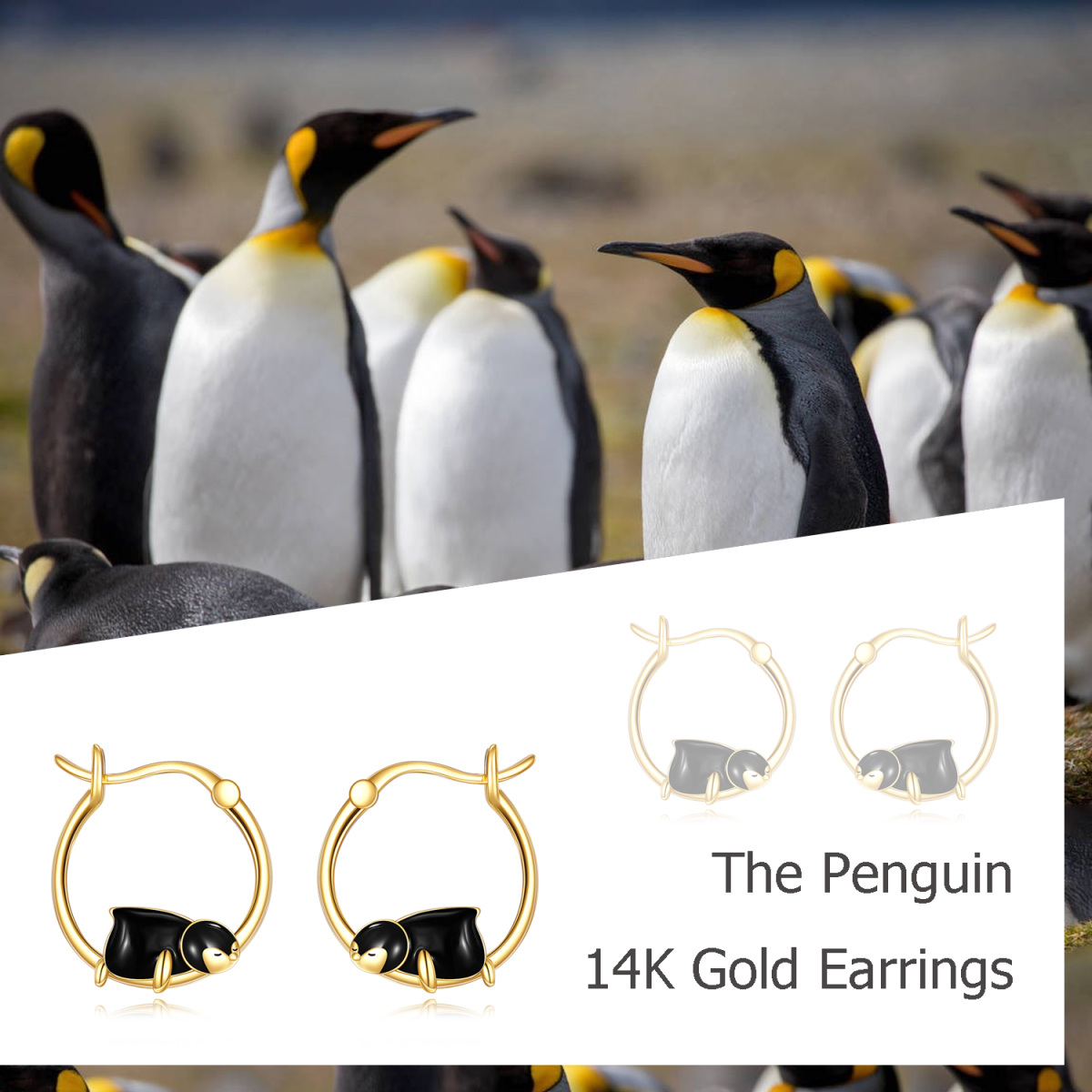 Pendientes de aro en forma de pingüino de oro de 14 quilates-6