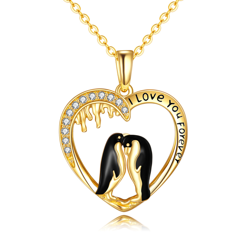 10K Gold Cubic Zirconia Penguin Lover & Heart Pendant Necklace-1