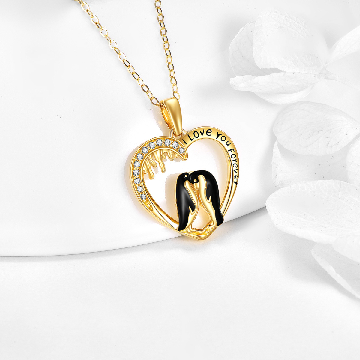 14K Oro Cúbico Zirconia Pingüino Amante y Corazón Colgante Collar-3