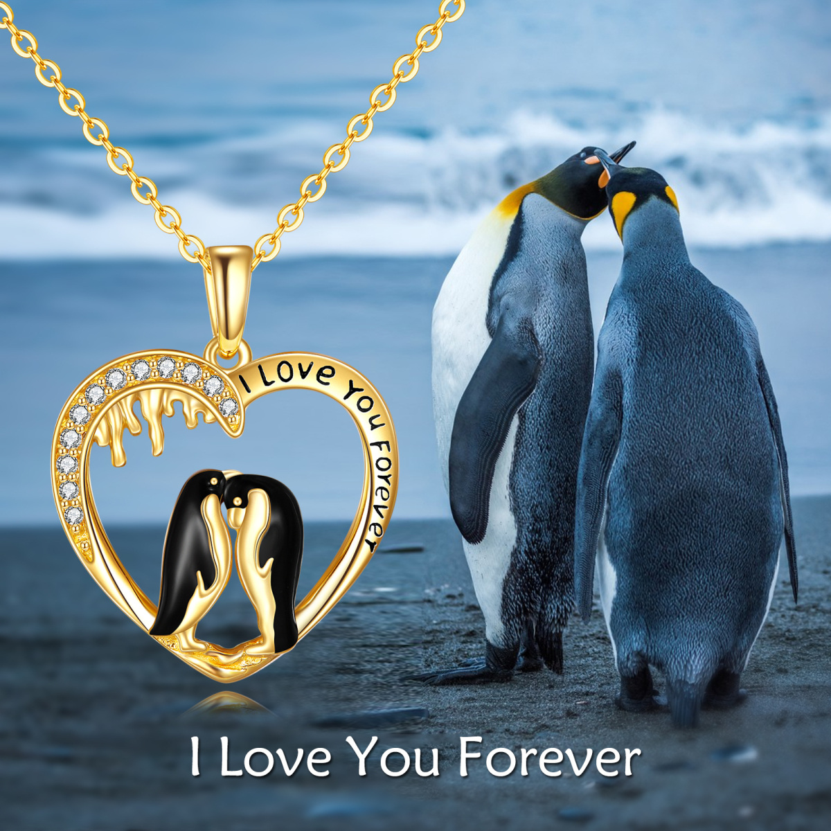 14K Gold Cubic Zirkonia Pinguin Lover & Herz-Anhänger Halskette-5